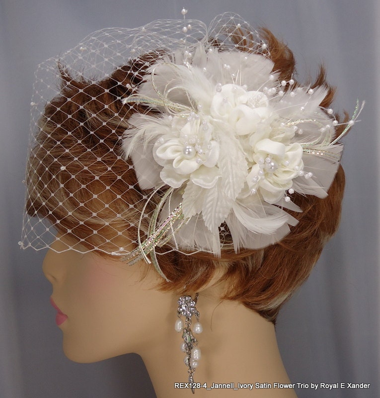 Ivory Satin Flower Trio Fascinator Vintage Ribbon Pearl Sprays Bridal Wedding