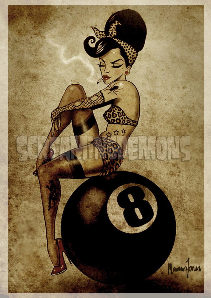 Vintage Style Eightball Pinup Girl Art Print by Marcus Jones 11.5" x 8" approx