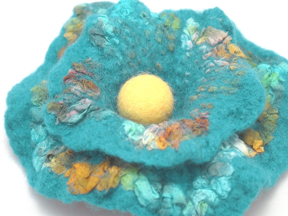 Felt flower,felted flower,felt flower brooch,shades of turquoise,nunofelt,silk.