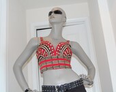 Sexy, Cut-Out Back, 60's Inspired, Geometric Print, Crimson Red , Cotton, Bra Top  By  Nadine J.