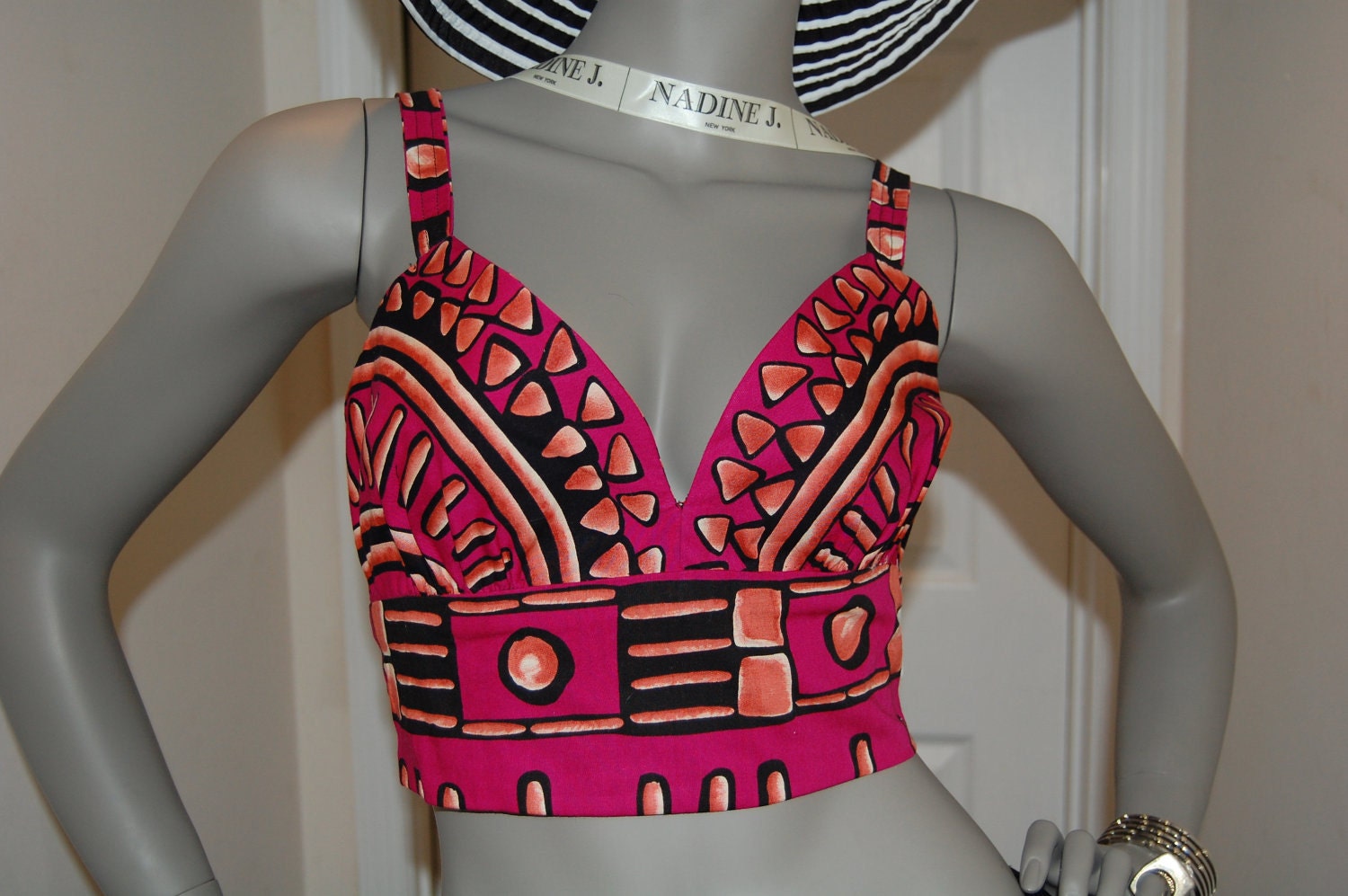Sexy, Plus-Size ,  Cut-Out Back, Sleeveless,  Fuchsia,  Geometric Print, Cotton, Bra Top, By Nadine J.