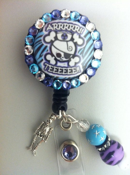 Xray Tech Arrrrrr Teeeee ID Badge Retractable Reel Swarovski with Skeleton Charm and Bling Beads
