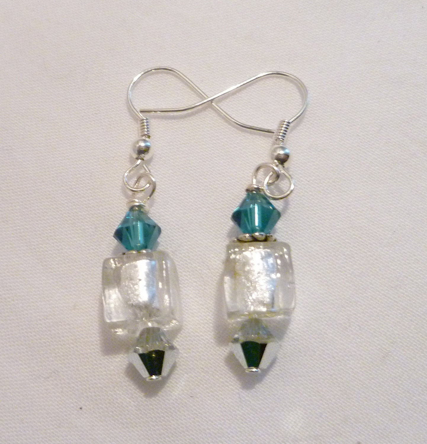 Silver and Blue Glass Bead and Crystal Dangle Earrings