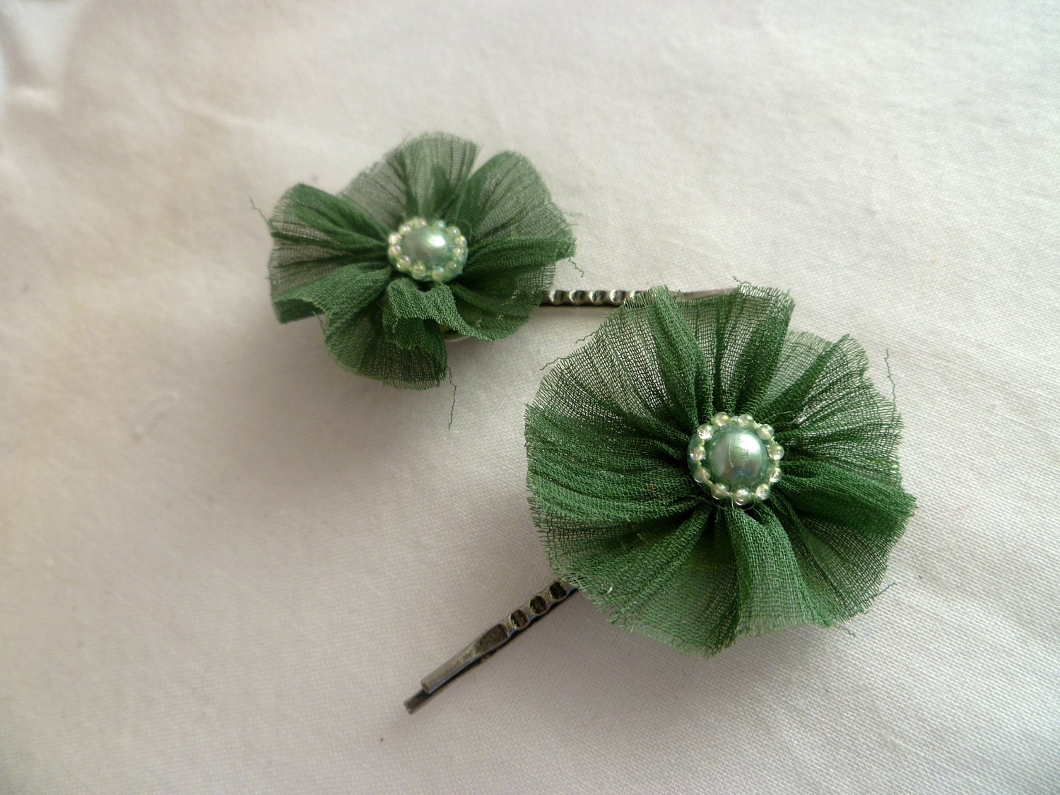 Vintage Inspired Hair Pin With Sheer Green Ruffles, Green Beads and Pearls - Set of 2