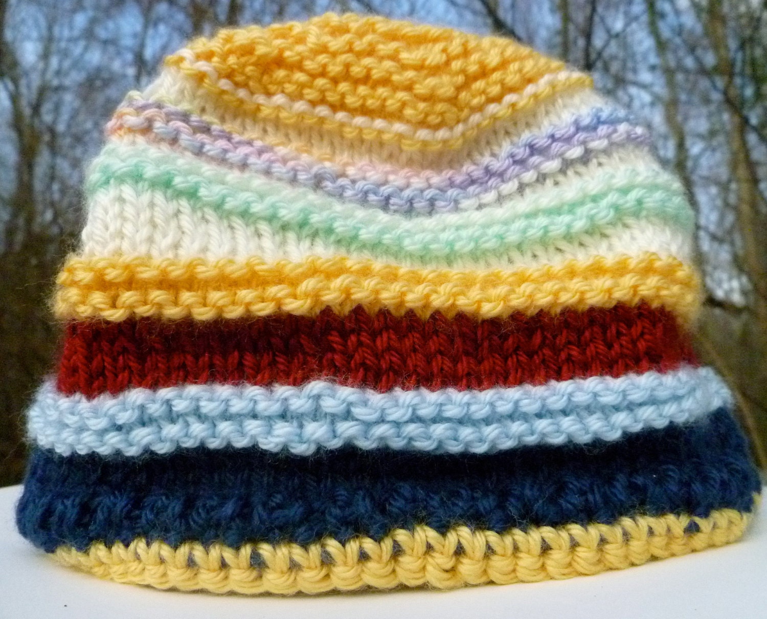 SALE - Children's Hat, Knitted in Navy, Yellow, and Pastel Colors