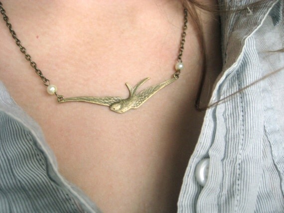 Bird Necklace - sparrow, nature, animal, antique brass, pearls, wholesale available
