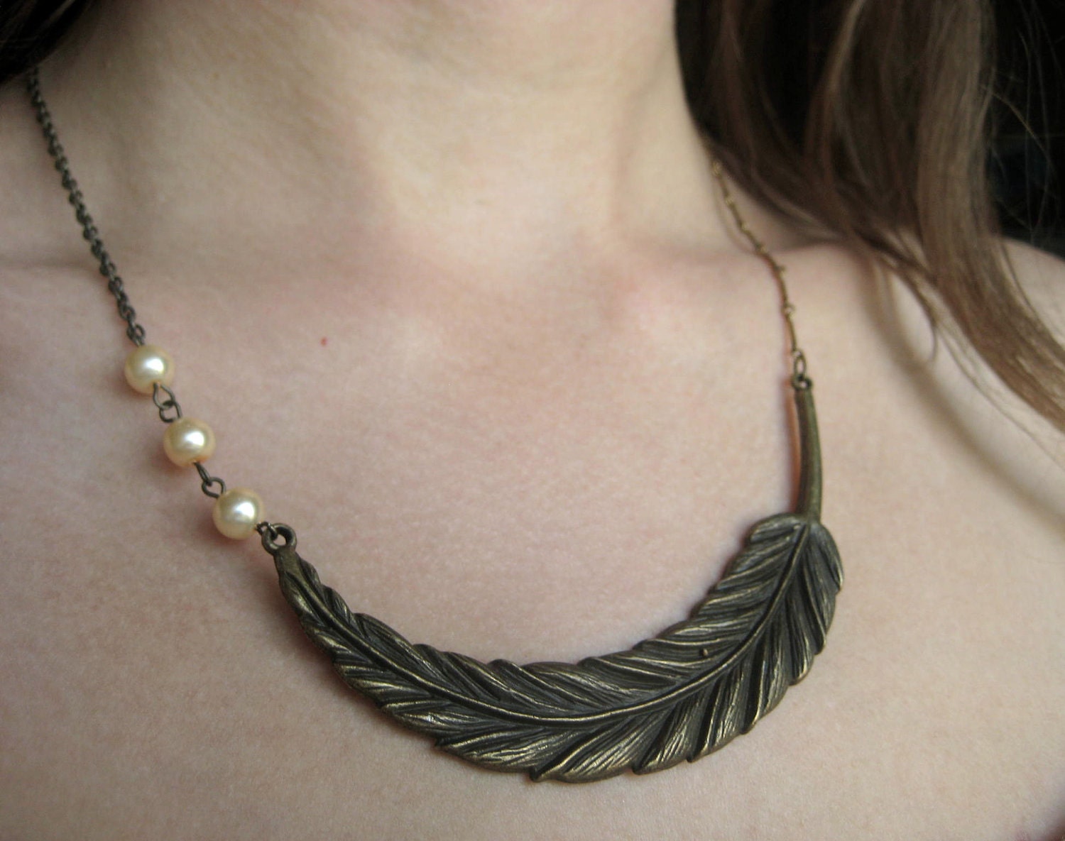 Feather Necklace - statement necklace, bib necklace, large, pearls, vintage inspired, antique brass, wholesale available