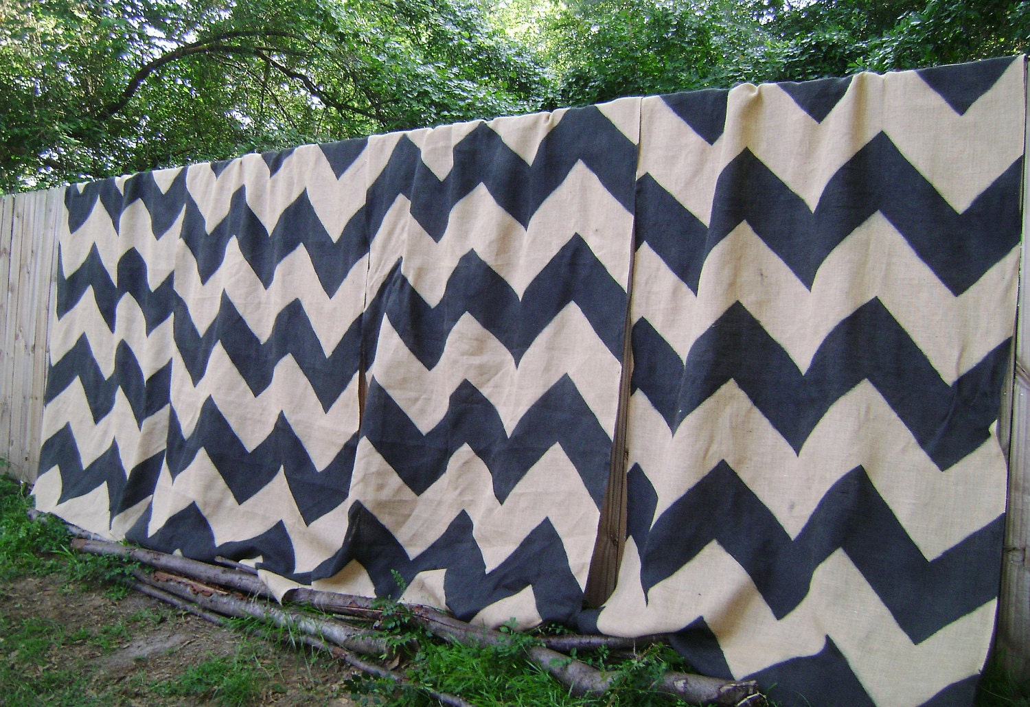 Burlap Chevron Drapes Grey & Black 55in x 84in-108inL