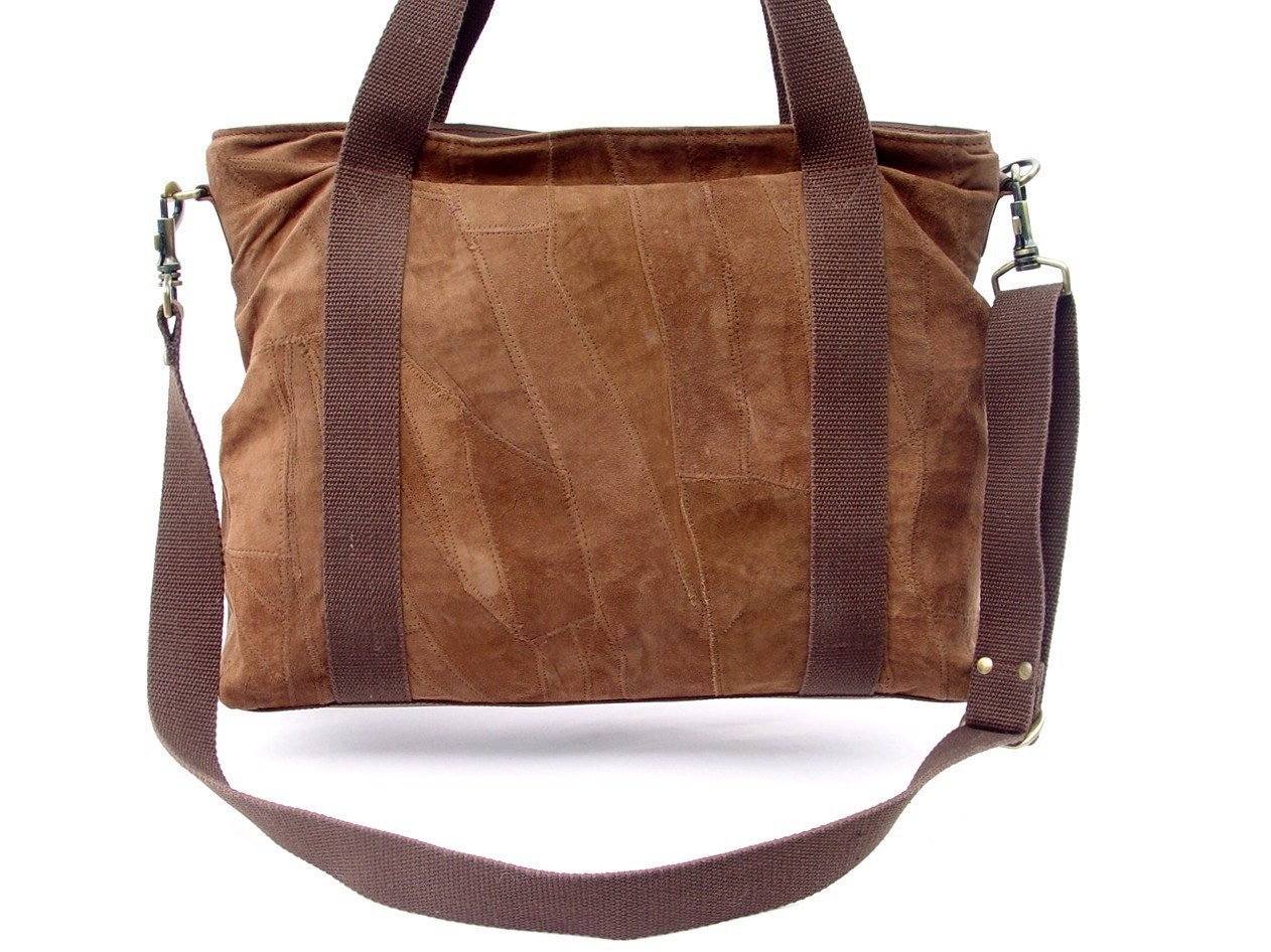 Upcycled Tote Bag / Messenger Bag in Rust Brown Suede Leather
