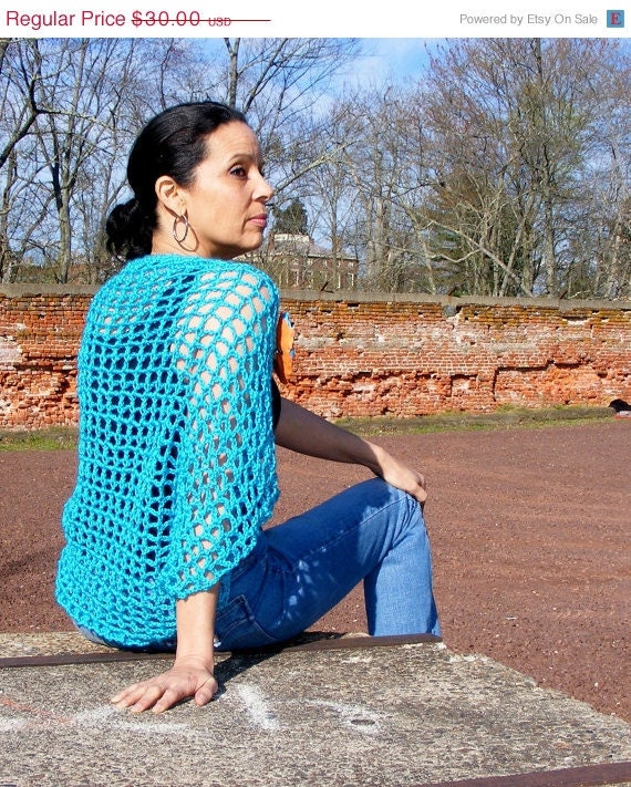 Crochet Summer Sweater in Blue Turquoise - Caheez