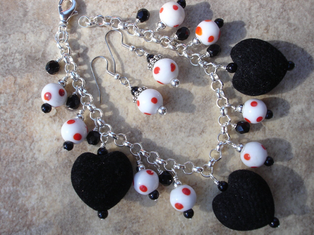 Red Polka Dotted with Black Velvet Hearts Charm Bracelet and Earrings Set