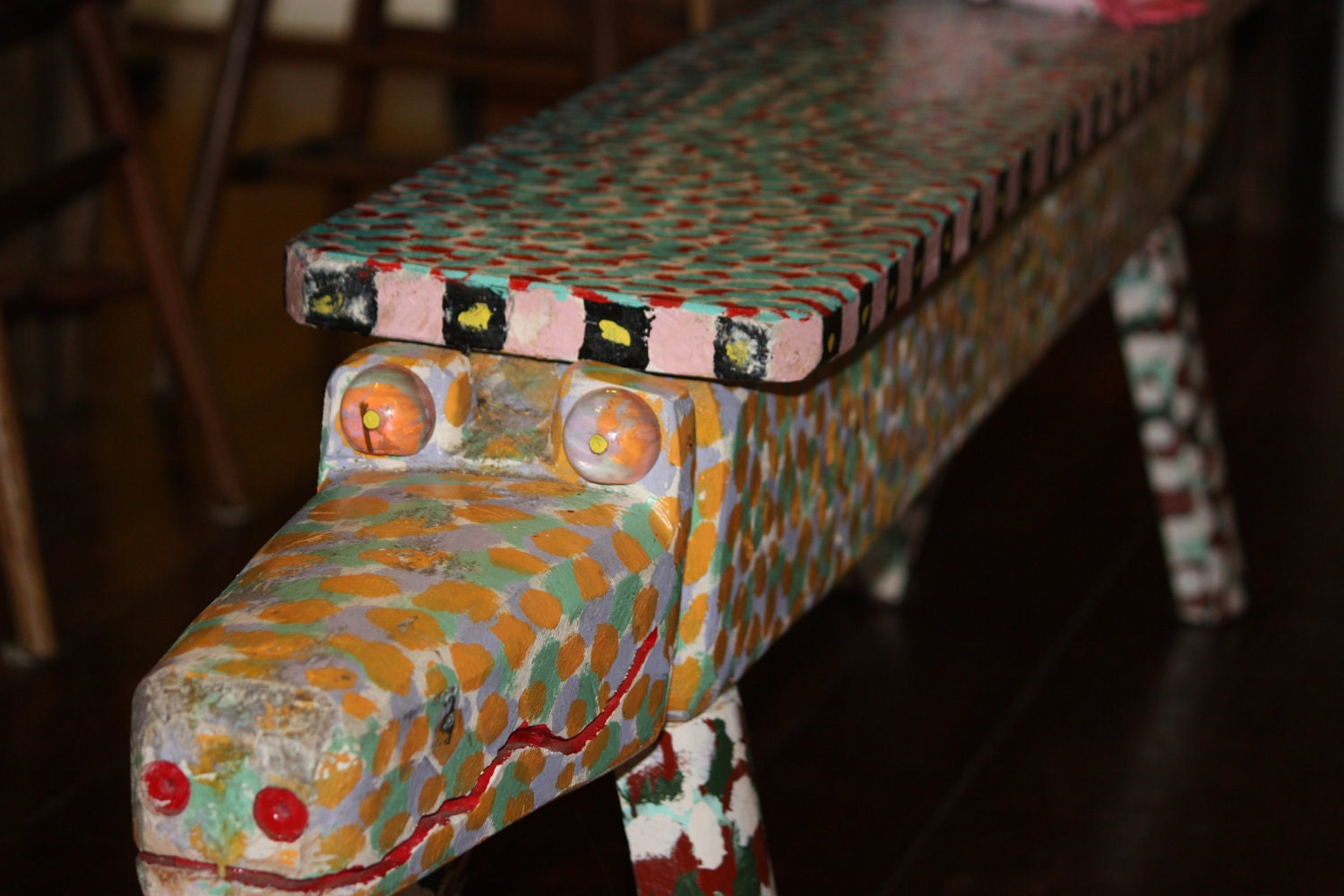 Unique upcycled whimsical HAPPY GATOR bench