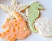 Sea Life Sugar Cookie Wedding Beach Theme Iced Decorated Cookie Seahorse Fish