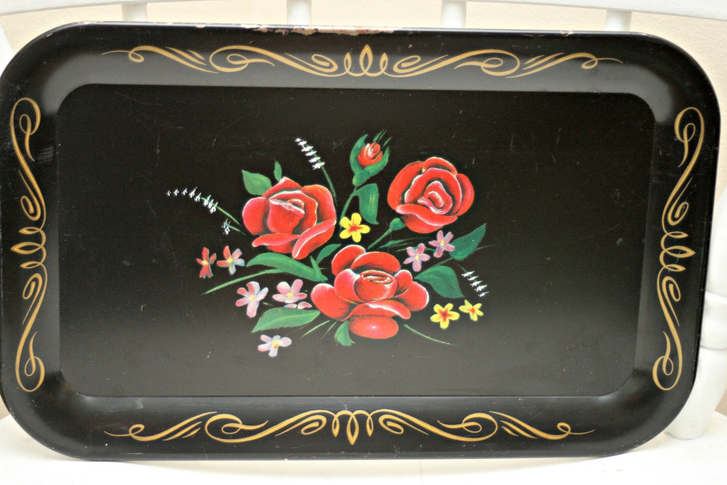 Vintage Floral Metal Tray Black