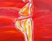 Pregnancy Silhouette, Maternity Art, Matted Giclee 5x7 Print, Labor, red yellow, 'Empowered' Birth Doula Midwife Gift, Blessingway