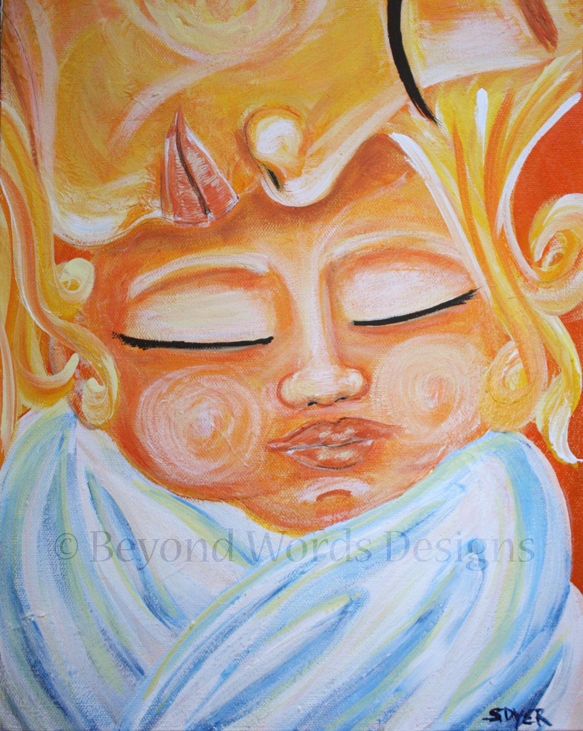 Mother's Day art Mother and Child "FIRST KISS"  infant baby motherhood ORIGINAL acrylic painting orange yellow white
