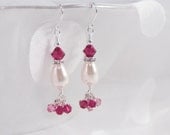Pearl Drop Earrings -  Pink Crystals - Bridal Jewelry- Pearl Jewelry- Pink Jewelry