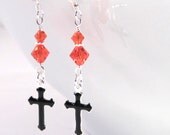 Black Cross Dangle Earrings with Orange Crystals