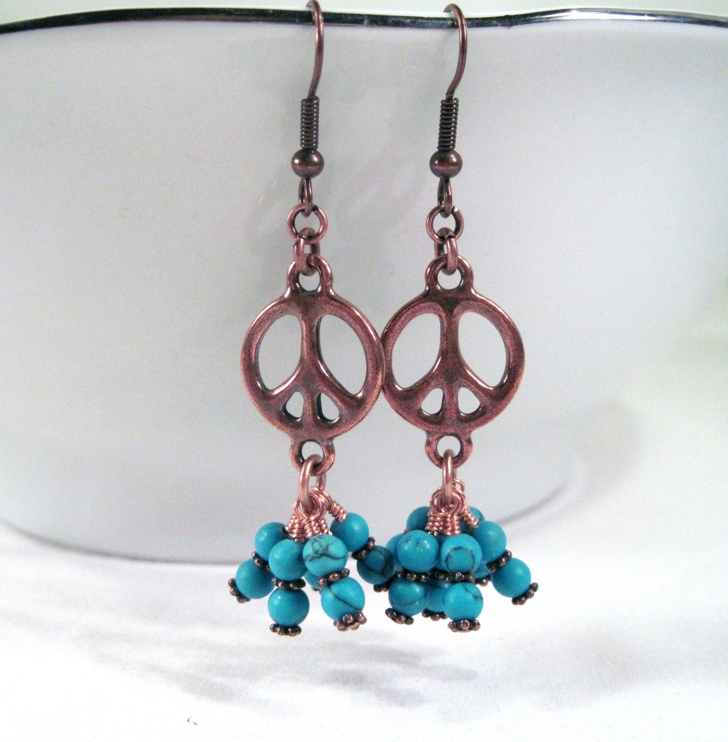 Turquoise with Copper Peace Sign Dangle Earrings- Boho- Woman-Teen-Gift