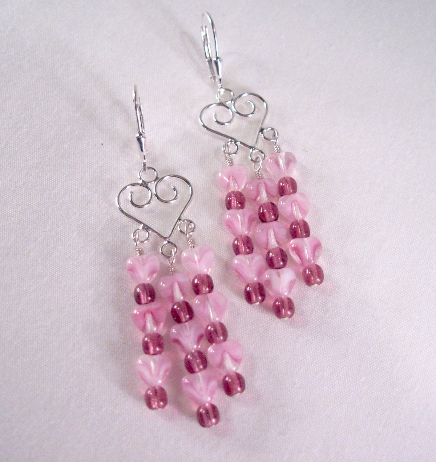 Heart Chandelier  Earrings with Glass Pink Hearts - Free Ship in US