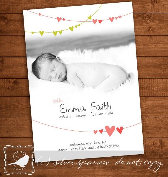Hearts Baby Announcement, adorable for boy or girl. Customizable Digital File, 5x7 or 4x6