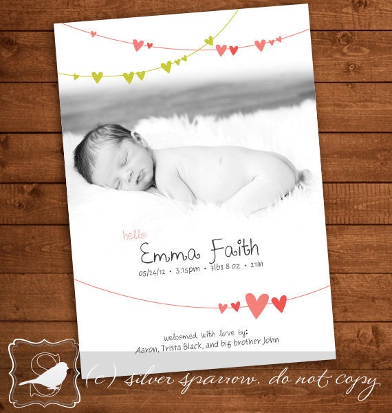 Hearts Baby Announcement, adorable for boy or girl. Customizable Digital File, 5x7 or 4x6