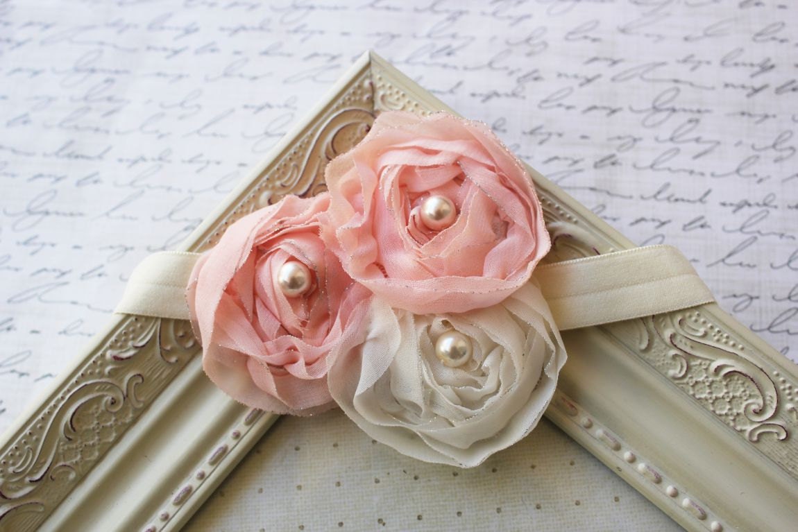 Peach and Ivory Chiffon flower headband, baby flower headbands, peach headbands, newborn headbands, photography prop