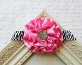 BubbleGum Pink Puff Satin Flower headband, baby flower headbands, black zebra headbands, newborn headbands, photography prop