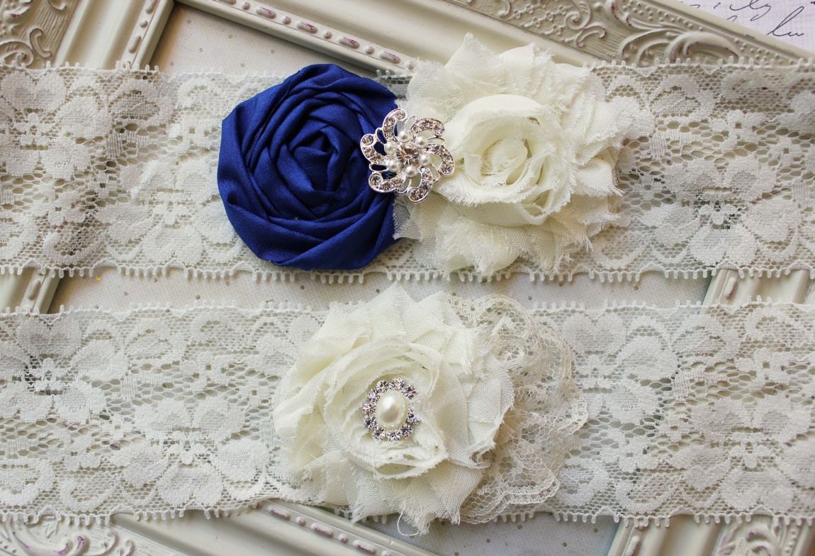 Royal Blue Silk and Lace Bridal Garter Set, ivory garters, ivory bridal garters, silk garters, blue garters, wedding garter, 2 inch lace