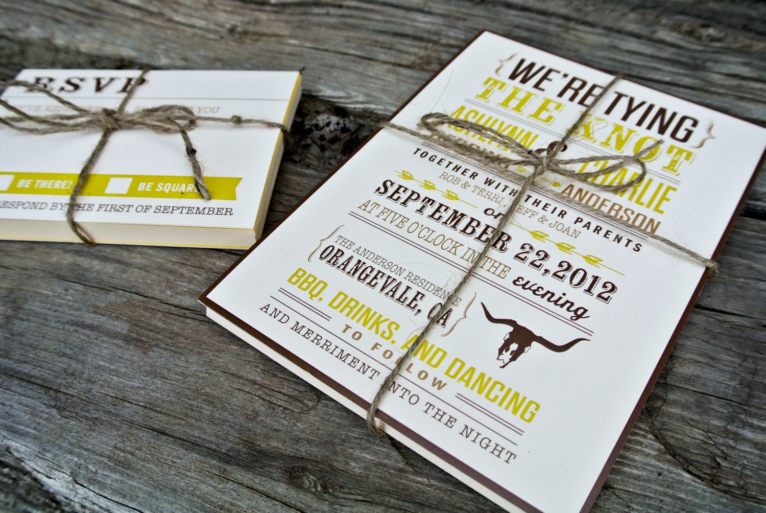 Wedding Invitation: Tying the knot, Rustic Mustard and Browns