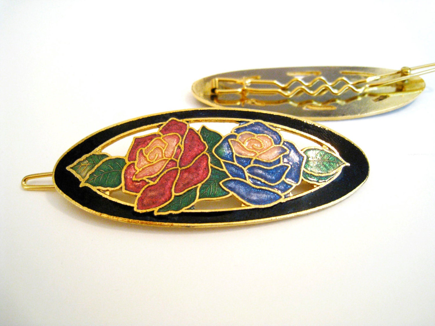Vintage Enamel Floral Art Deco Design Hair Clips / Barrettes / Flower Hair Pin - Set of 2