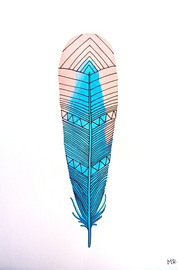 Watercolor Feather Art Painting - Blue, Pink, Neon Spring Colors - Archival Print