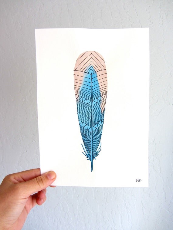 Watercolor Feather Art Painting - Blue, Pink, Neon Spring Colors - Archival Print