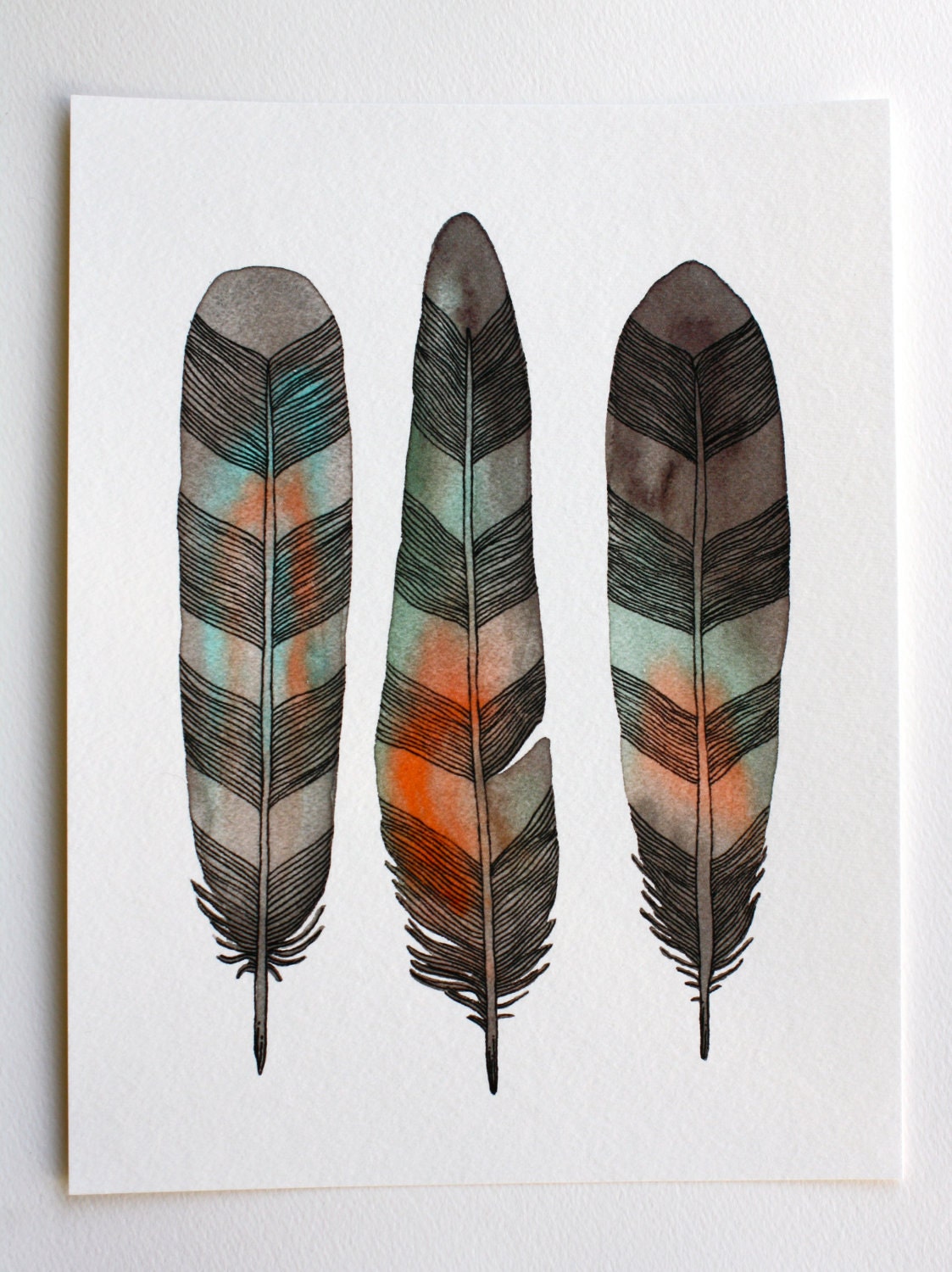 Feather Watercolor Painting - Archival Print - 5x7 Chevron Feathers - Black Friday Cyber Monday