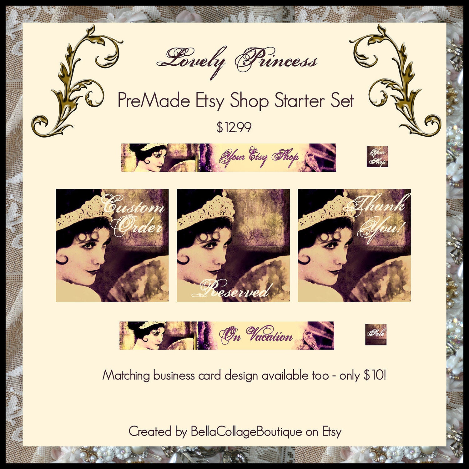 OOAK Lovely Princess Premade Etsy Shop Set Package Banner Avatar and More Vintage Beauty