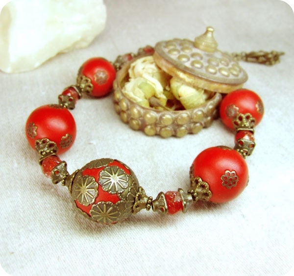Red brass necklace in vintage style. OOAK