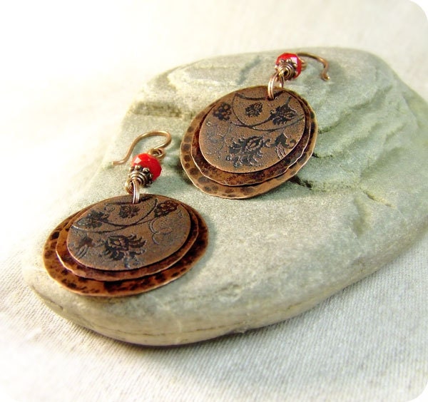 Copper earrings with flower pattern. Gift for her - under 50