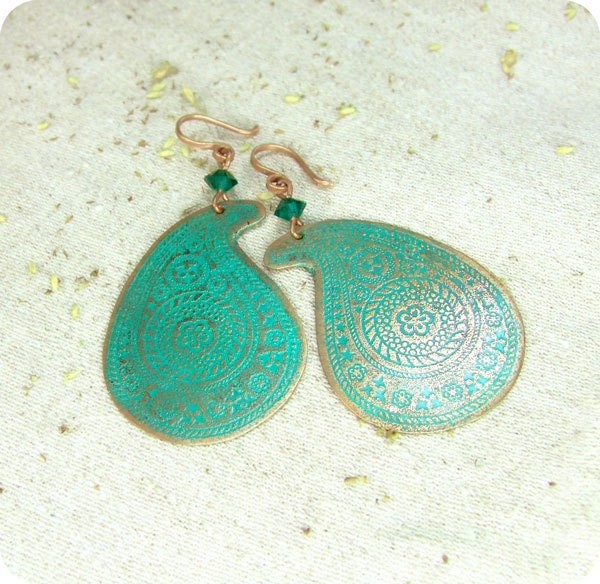 Copper earrings paisley with green blue patina.