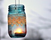 Hand Painted Mason Jar Moroccan Lantern -Ocean Blue Glass with Pearl White Embellishment