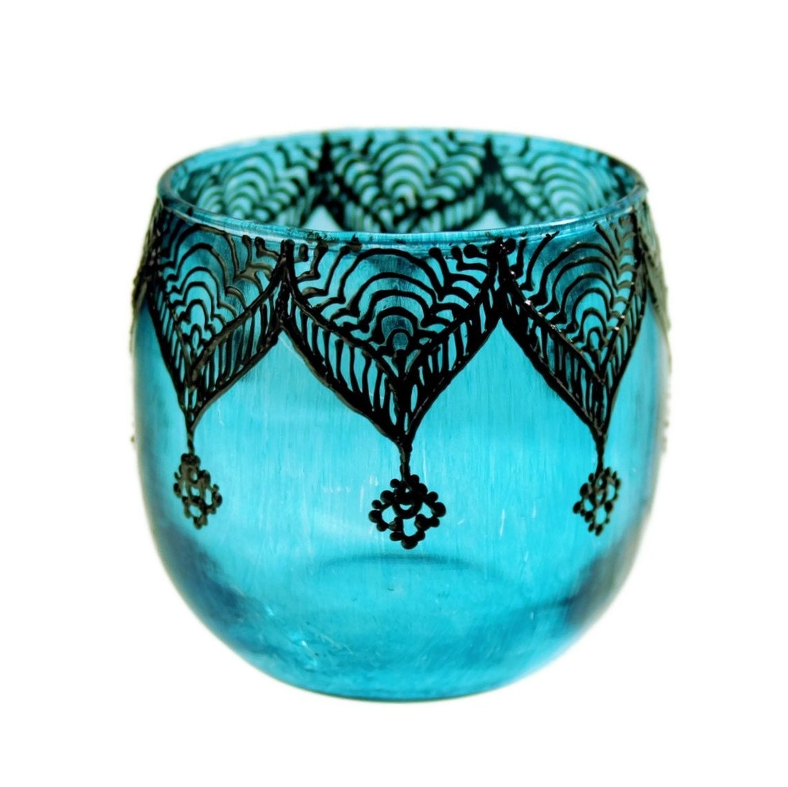 Moroccan Votive Holder with Peacock Blue Glass and Gunmetal Accents