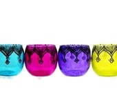 Wedding Decor- Four Moroccan Lantern Votive Holders- In Fuschia, Purple, Turquoise, and Yellow Glass with Gunmetal Grey Details