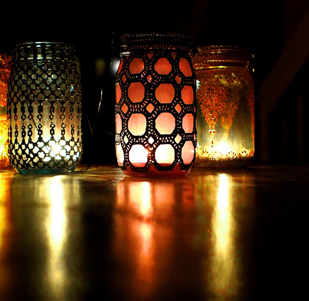 Hand Painted Mason Jar Lantern, Violet Glass with Gunmetal Accents