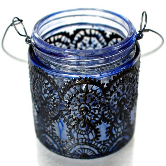 3 Small Morrocan Inspired Candle Lanterns, Amethyst Tinted  Glass With Black Accents