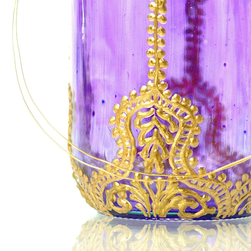 Hand Painted Mason Jar Lantern, Violet Glass with Gold Accents