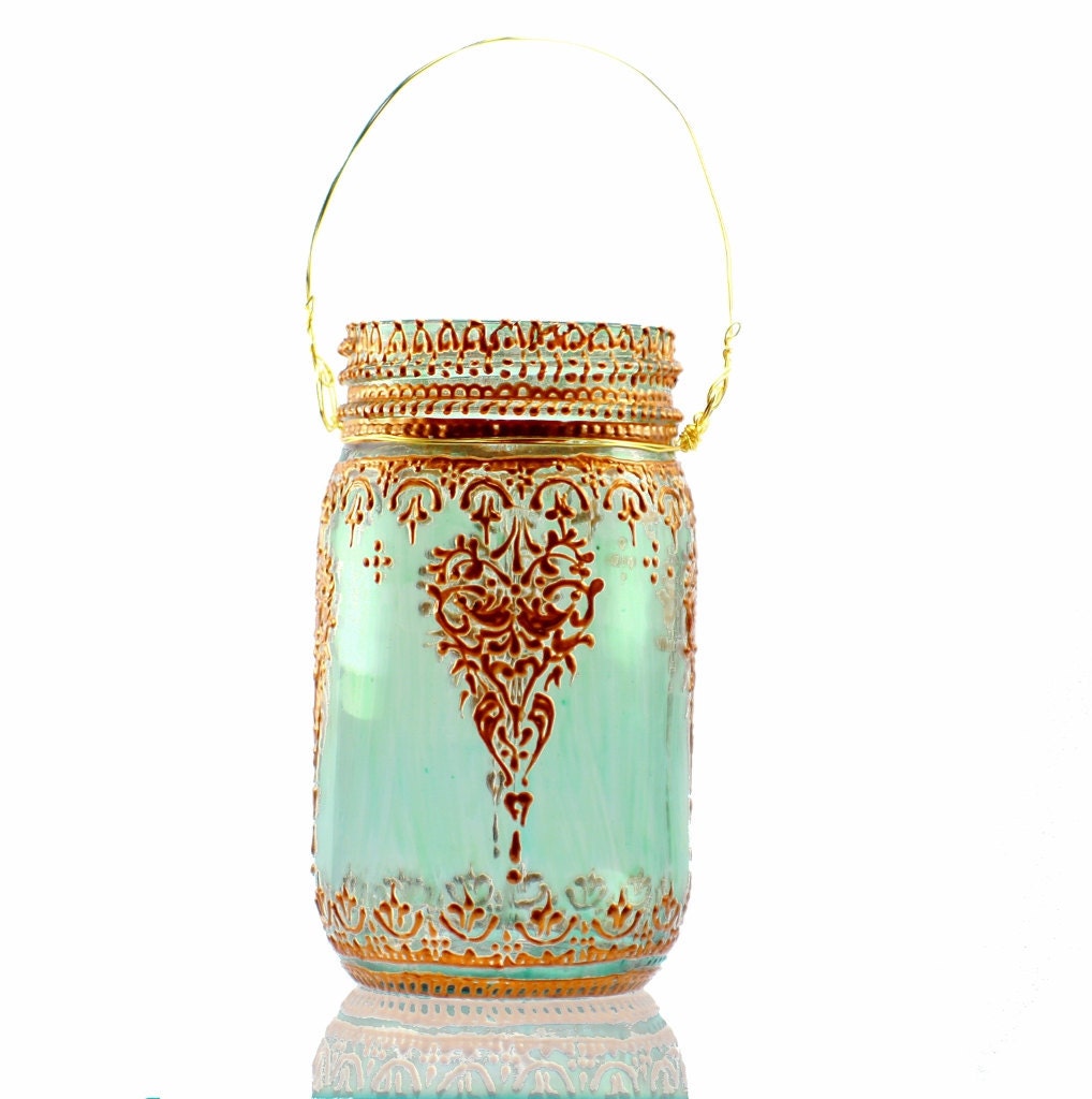 Aqua Mason Jar Lantern with Moroccan Styled Copper Detailing