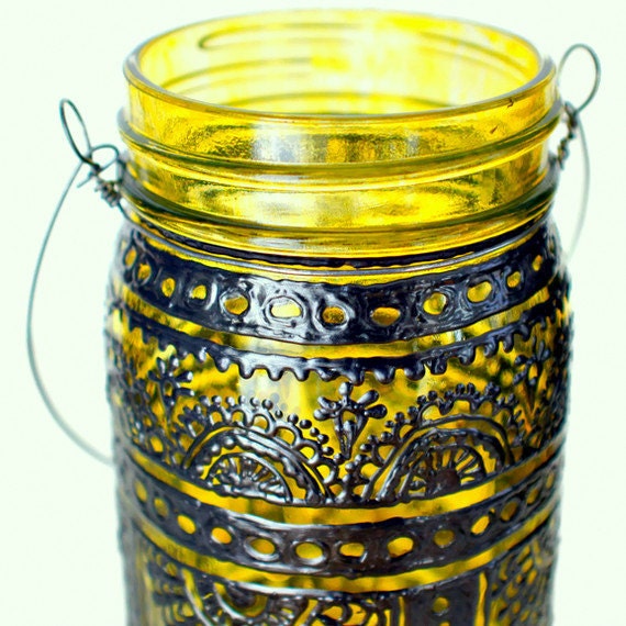 Hand Painted Mason Jar Lantern, Canary Yellow Tinted Glass with Black Accents