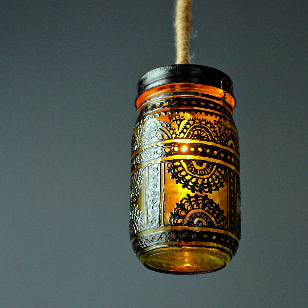 Hand Painted Mason Jar Lantern, Canary Yellow Tinted Glass with Black Accents