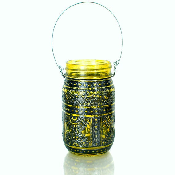 Hand Painted Mason Jar Lantern, Canary Yellow Tinted Glass with Black Accents