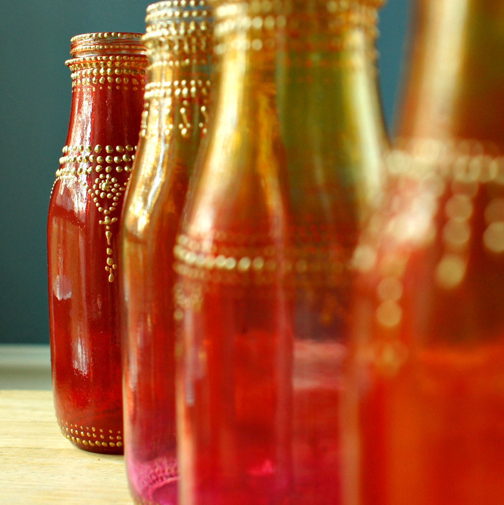 Group of Five Hand Painted Flower Bud Vases, With Colorful Ombre Glass from Ruby Red to Intense Pink, with Gold Accents