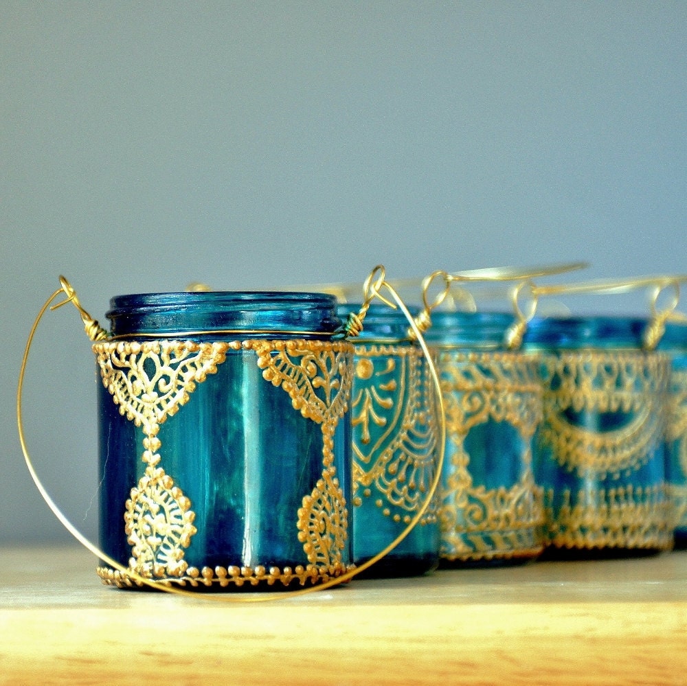 Moroccan Lantern Hanging Jar Candle Holder with Teal Glass and Golden Detailing